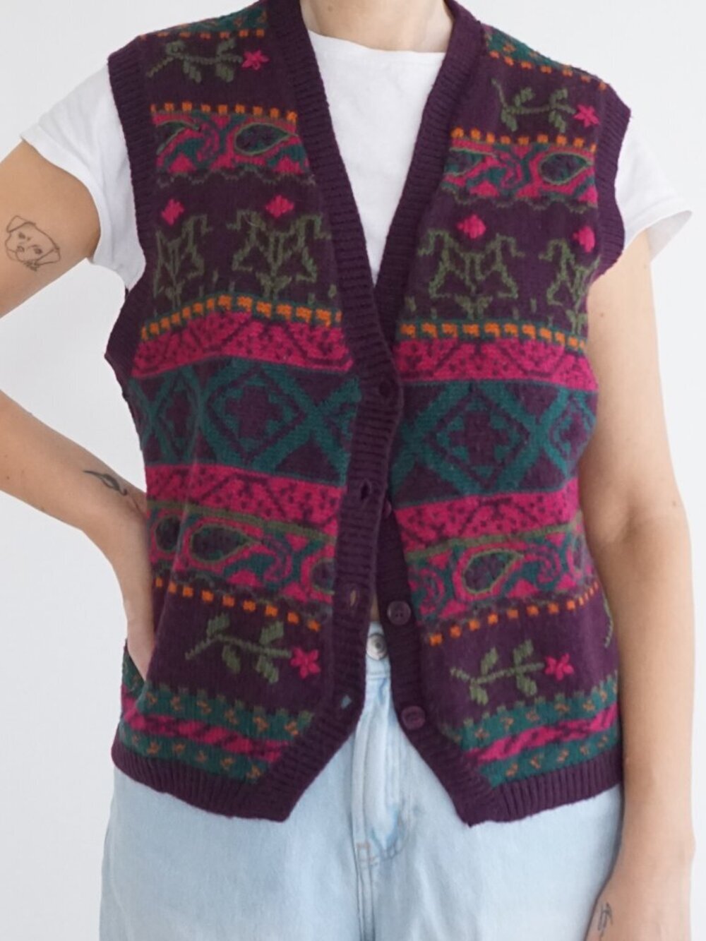 Vintage Alfred Dunner Plum Floral Geometric Cottagecore Button Sweater Vest PM